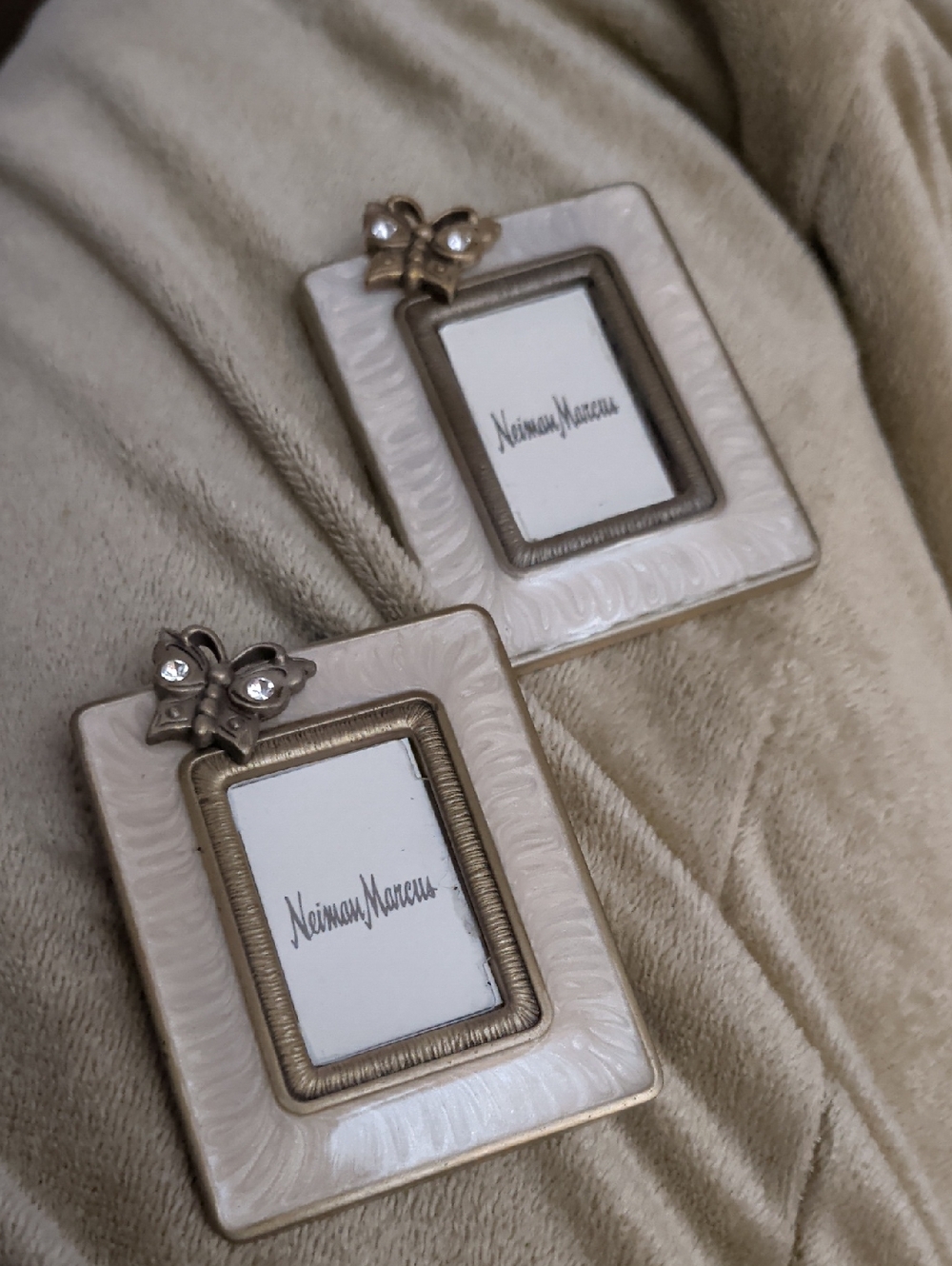 Neiman Marcus Cream Ceramic Mini Frame Pair with Gold Bow Accents